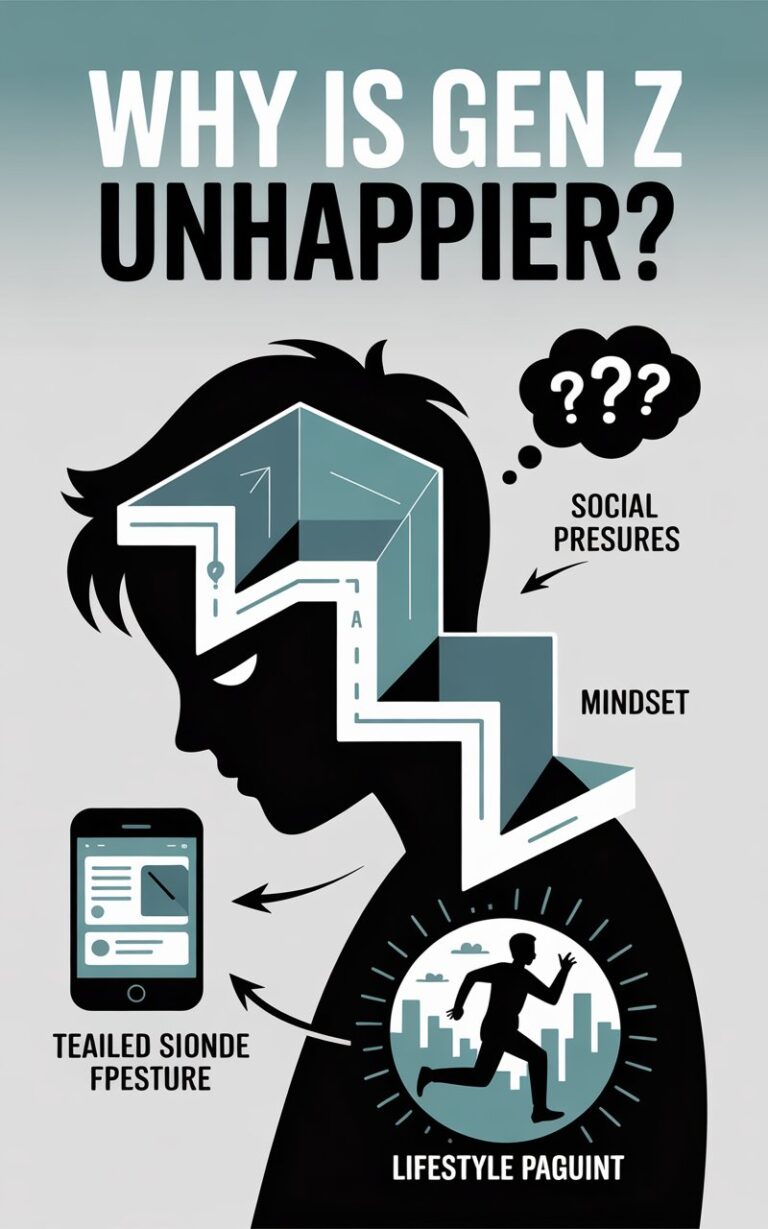 Flat-style infographic showing a contrast between Gen Z’s unhappiness and middle-aged people’s satisfaction, based on global study findings.