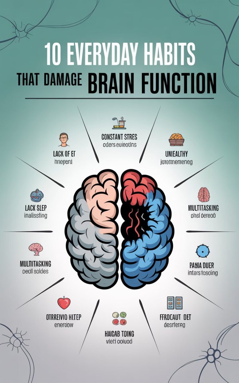 Infographic showing 10 everyday habits that damage brain function, including poor sleep, stress, and unhealthy lifestyle choices